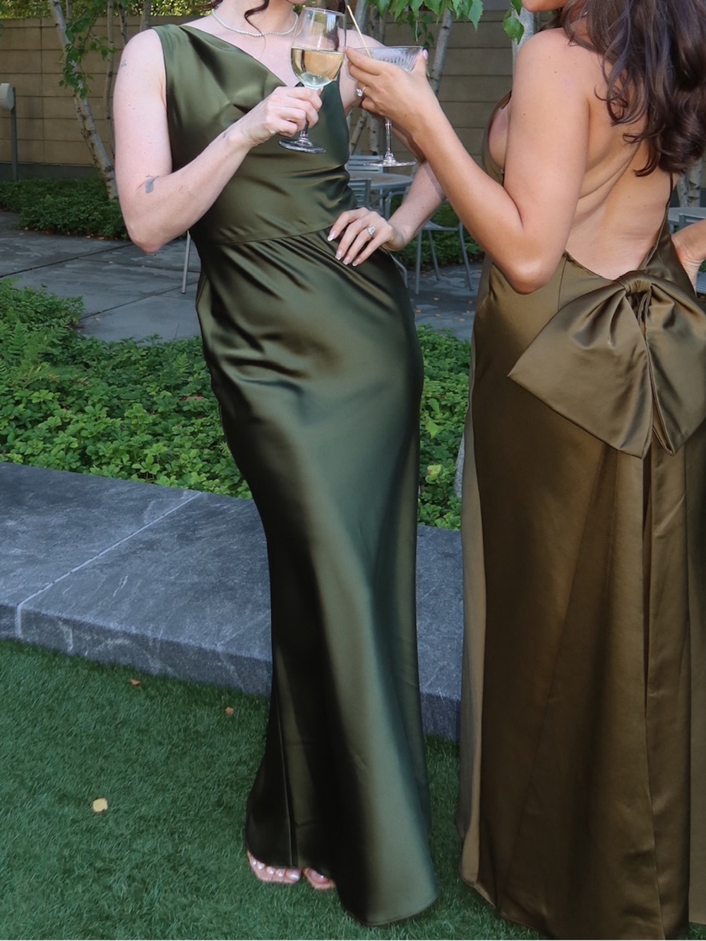 Dessy Collection Olive Green One-Shoulder Cowl Neck Gown